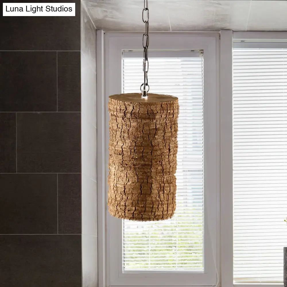 Industrial Brown Resin Pendant Ceiling Lamp - Timber Pile Design - 1 Light Cylinder Hanging Light Kit