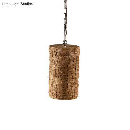 Industrial Brown Resin Pendant Ceiling Lamp - Timber Pile Design - 1 Light Cylinder Hanging Light Kit