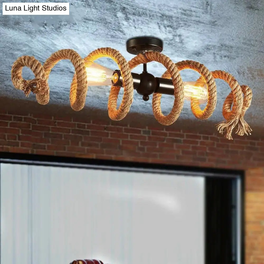 DecorBites™ DecorBites™ Industrial Brown Rope Spiral Ceiling Mount Light - Semi Flush Mount for Dining Room