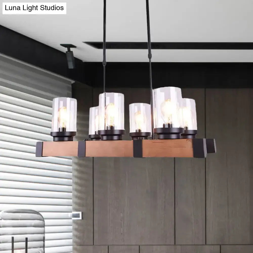 Industrial brown island lighting with clear glass cylinder shades featuring rustic wood and black metal for dining rooms 220v-240v 110v-120v