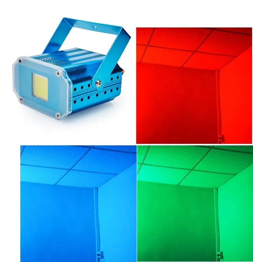 Blue metallic led rgb white strobe light with handle emitting red blue and green beams for party decorbites 20w compact