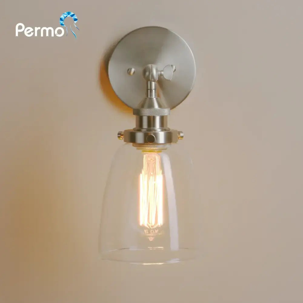 Permo industrial brushed nickel wall lamp with clear glass shade and exposed filament bulb for bedroom decorbites clear glass