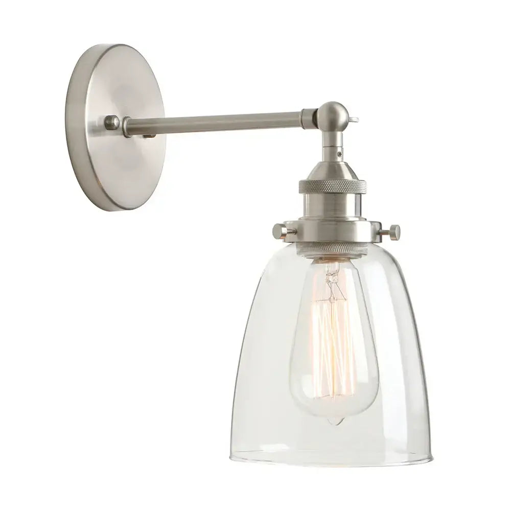 Industrial brushed nickel wall lamp with clear glass shade and exposed filament bulb for decorbites clear glass style