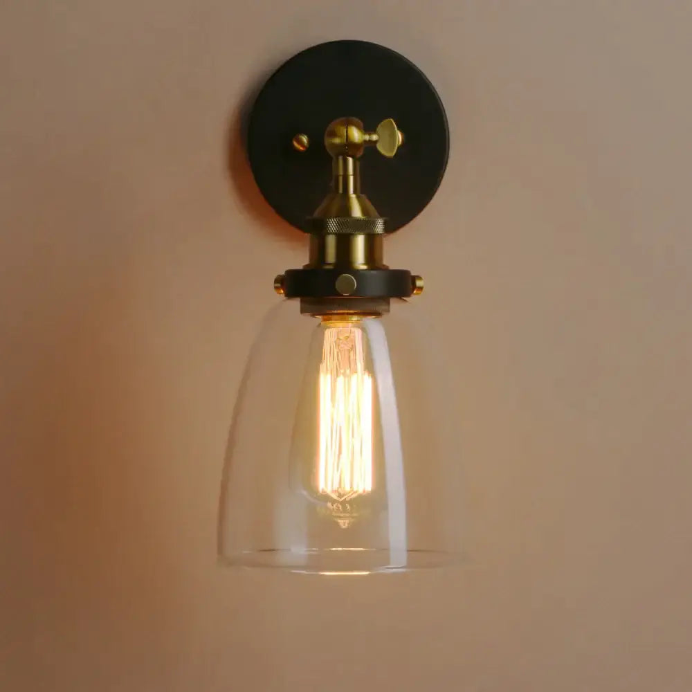 Industrial brushed nickel wall lamp with clear glass bell-shaped shade and brass hardware for bedroom decorbites clear glass