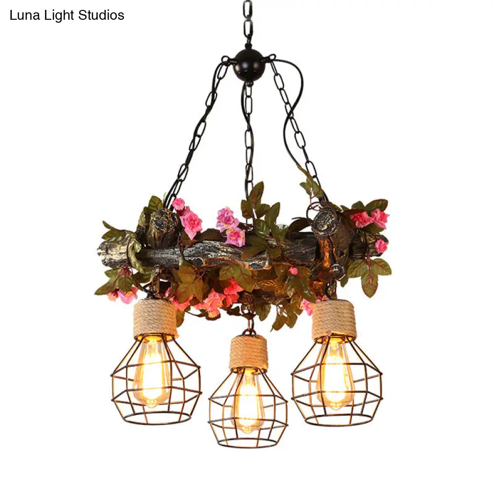 Industrial Bulb Ceiling Chandelier: 3 Metal LED Hanging Lights in Red/Pink/Green with Flower/Plant/Maple Leaf Design