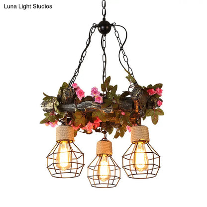Industrial Bulb Ceiling Chandelier: 3 Metal LED Hanging Lights in Red/Pink/Green with Flower/Plant/Maple Leaf Design