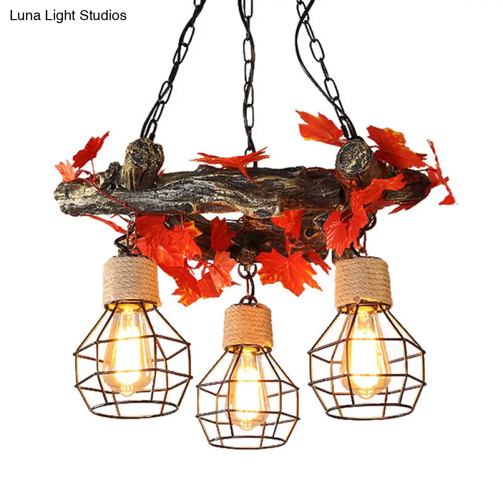 Industrial Bulb Ceiling Chandelier: 3 Metal LED Hanging Lights in Red/Pink/Green with Flower/Plant/Maple Leaf Design