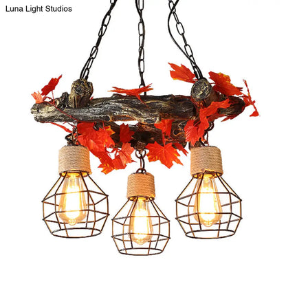 Industrial Bulb Ceiling Chandelier: 3 Metal LED Hanging Lights in Red/Pink/Green with Flower/Plant/Maple Leaf Design