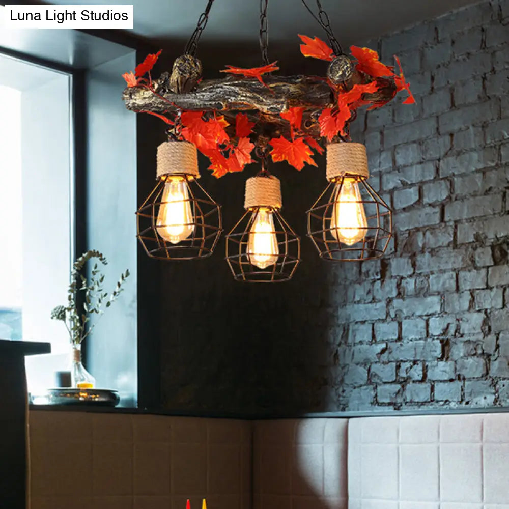 Industrial Bulb Ceiling Chandelier: 3 Metal LED Hanging Lights in Red/Pink/Green with Flower/Plant/Maple Leaf Design