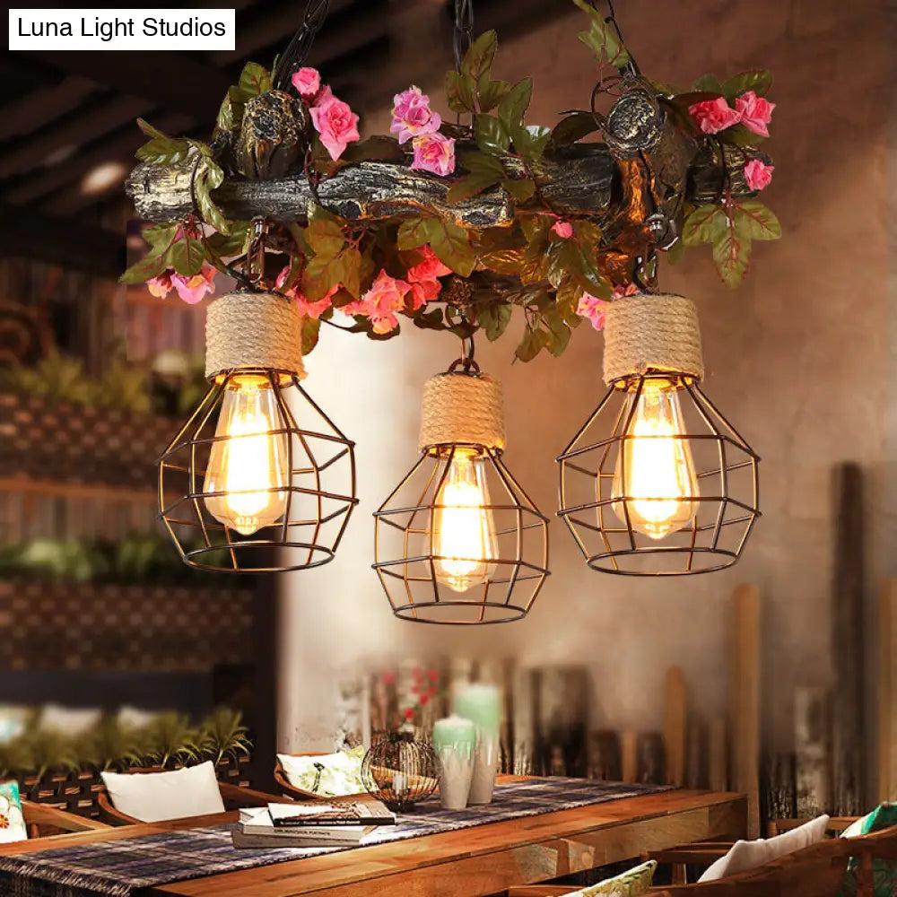 Industrial Bulb Ceiling Chandelier: 3 Metal LED Hanging Lights in Red/Pink/Green with Flower/Plant/Maple Leaf Design