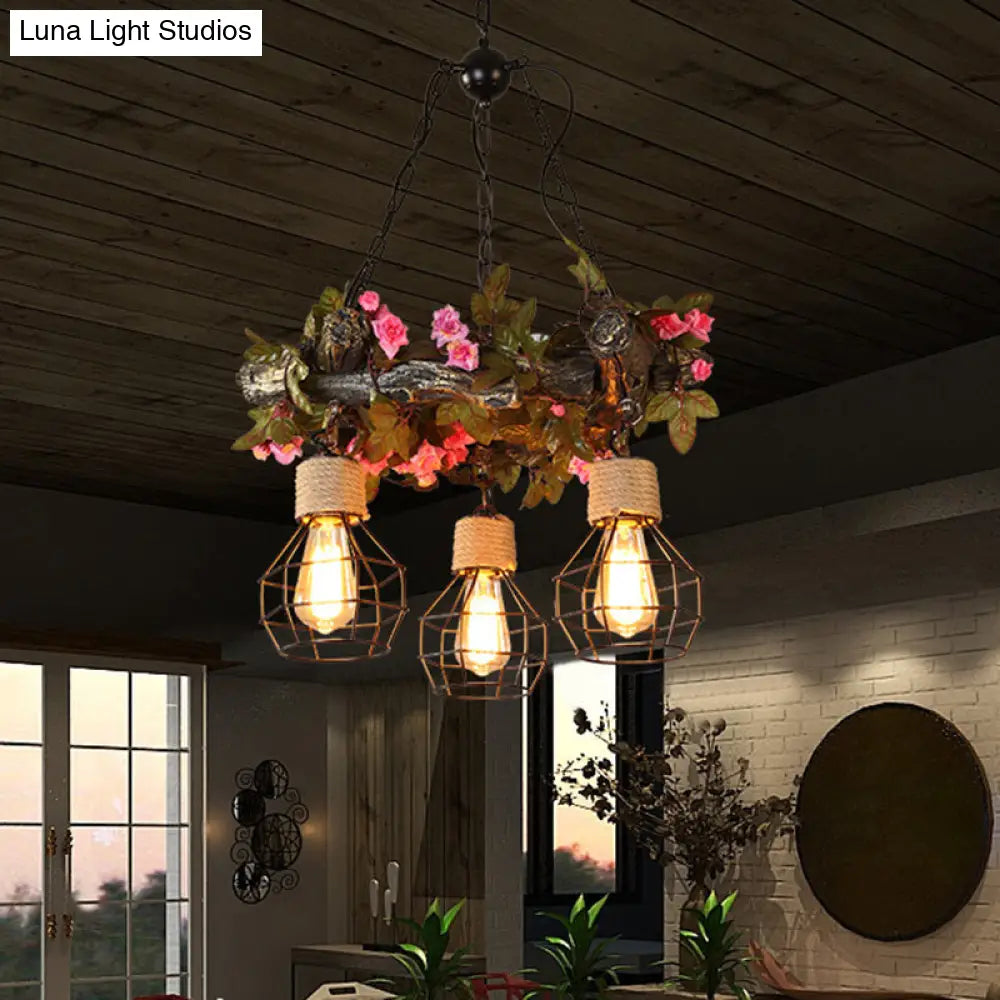 Industrial Bulb Ceiling Chandelier: 3 Metal LED Hanging Lights in Red/Pink/Green with Flower/Plant/Maple Leaf Design
