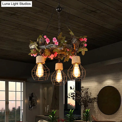 Industrial Bulb Ceiling Chandelier: 3 Metal LED Hanging Lights in Red/Pink/Green with Flower/Plant/Maple Leaf Design