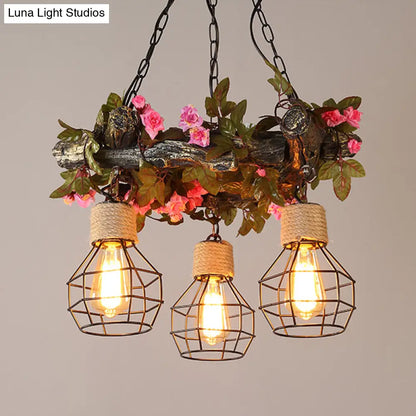 Industrial Bulb Ceiling Chandelier: 3 Metal LED Hanging Lights in Red/Pink/Green with Flower/Plant/Maple Leaf Design
