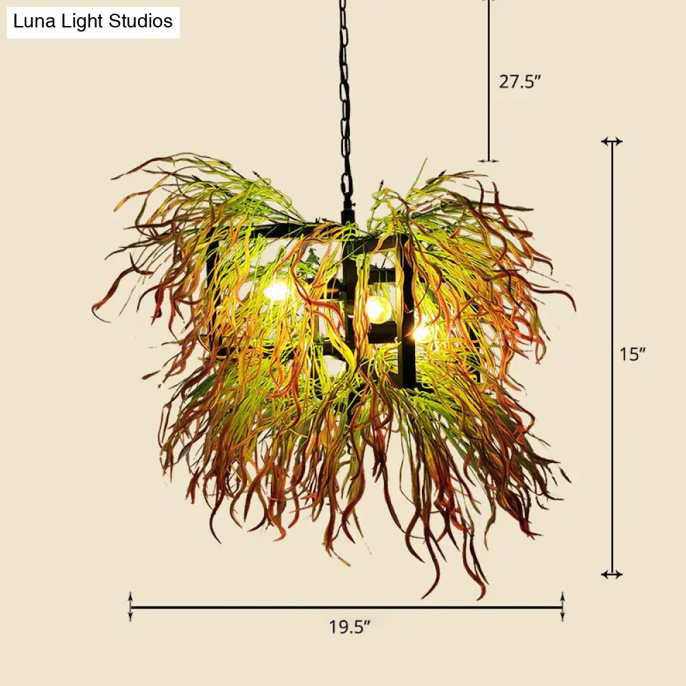 Industrial Cage Chandelier Pendant Light with Faux Plant Decor