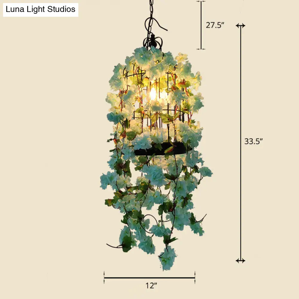 Industrial Cage Chandelier Pendant Light with Faux Plant Decor