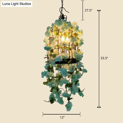 Industrial Cage Chandelier Pendant Light with Faux Plant Decor