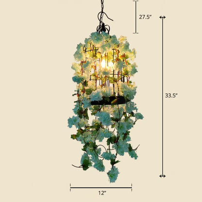 Industrial Cage Chandelier Pendant Light with Faux Plant Decor