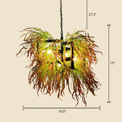 Industrial Cage Chandelier Pendant Light with Faux Plant Decor