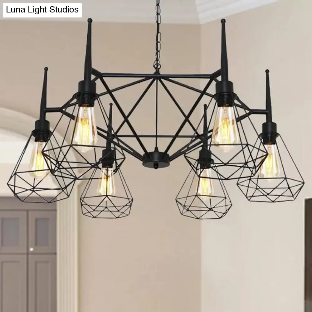 Industrial Cage Diamond Iron Chandelier Pendant Light with Adjustable Chain - Retro Multi-Light Ceiling Lamp (Black)
