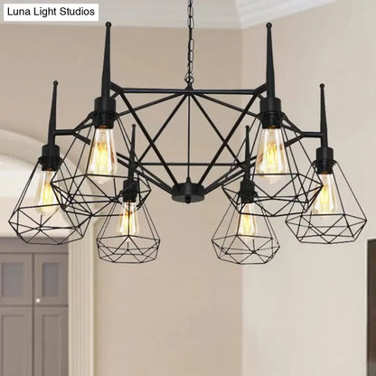 Industrial Cage Diamond Iron Chandelier Pendant Light with Adjustable Chain - Retro Multi-Light Ceiling Lamp (Black)