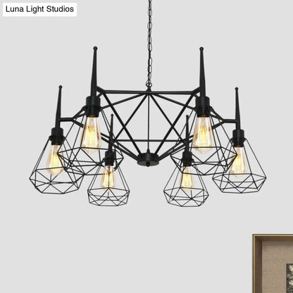 Industrial Cage Diamond Iron Chandelier Pendant Light with Adjustable Chain - Retro Multi-Light Ceiling Lamp (Black)