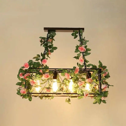 DecorBites™ Industrial Cage Island Pendant Light with Plant Decoration - Rustic Restaurant Lighting