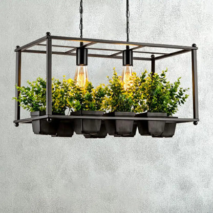 DecorBites™ Industrial Cage Island Pendant Light with Plant Pot - 2 Bulbs, Metal, Rectangular Shape