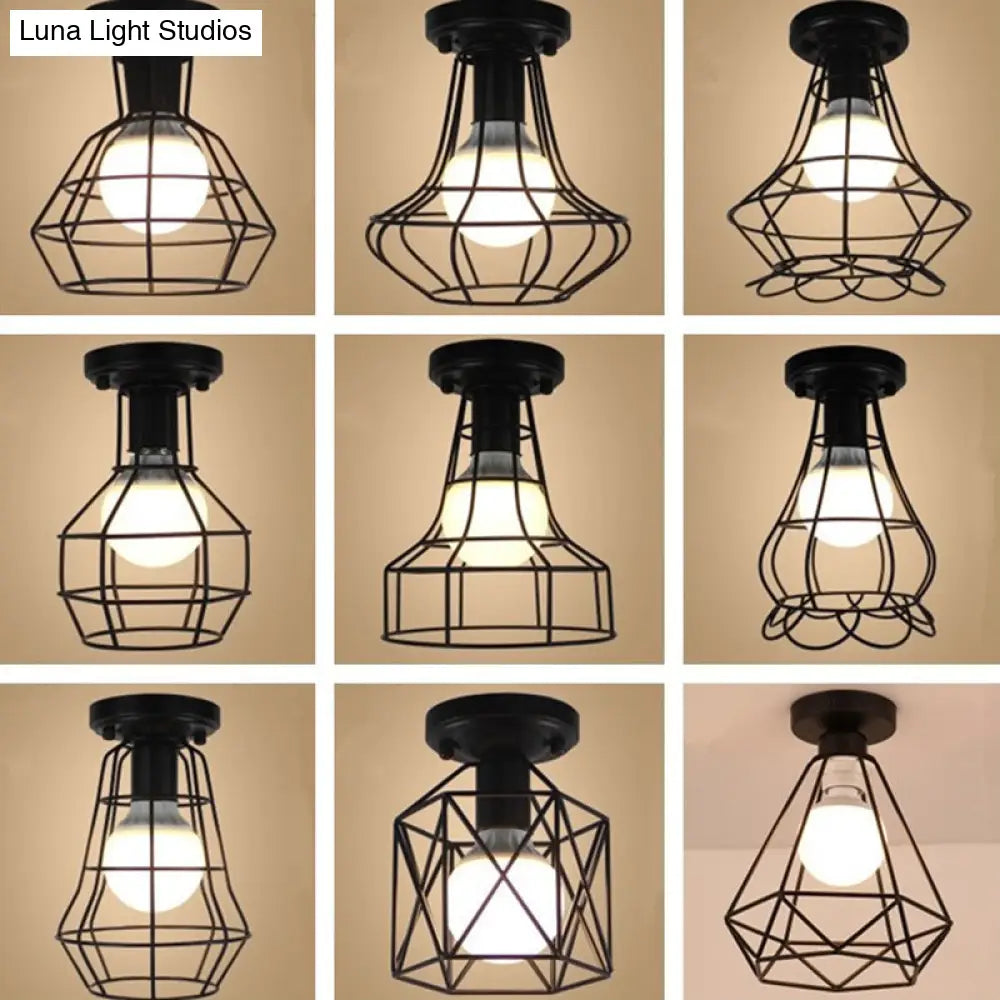 DecorBites™ DecorBites™ Industrial Cage Metal Ceiling Light in Black - Single-Bulb Semi Flush Fixture, Ideal for Corridor