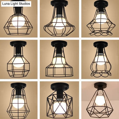 DecorBites™ DecorBites™ Industrial Cage Metal Ceiling Light in Black - Single-Bulb Semi Flush Fixture, Ideal for Corridor