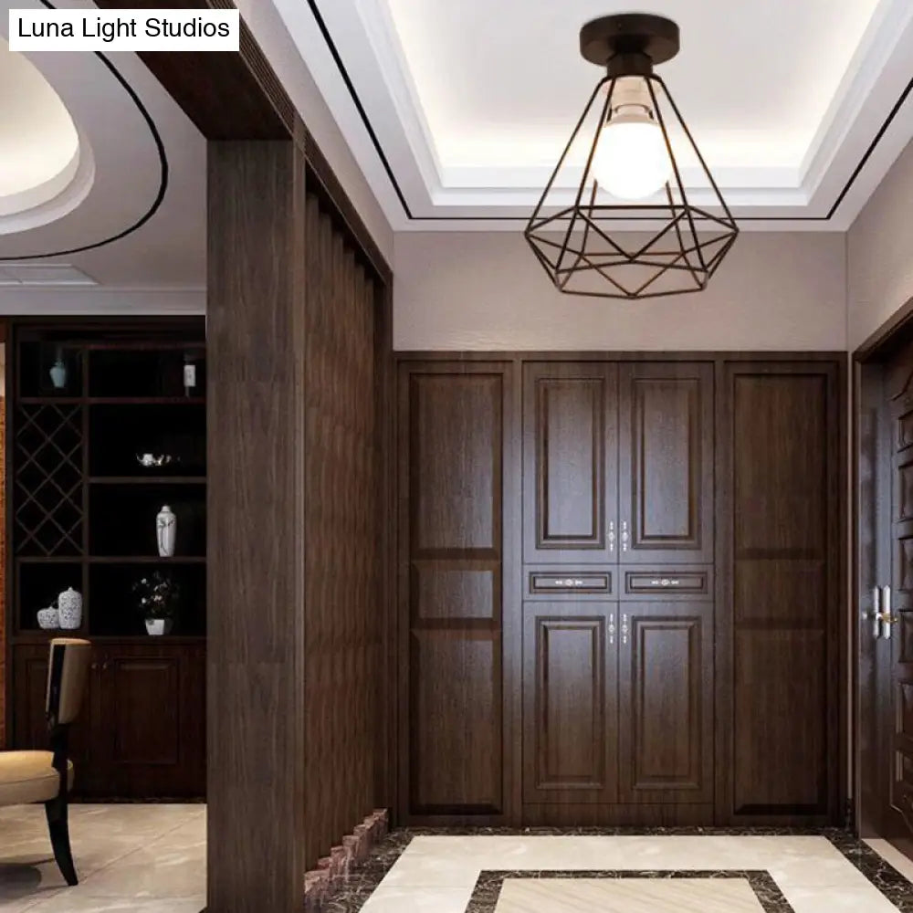 DecorBites™ DecorBites™ Industrial Cage Metal Ceiling Light in Black - Single-Bulb Semi Flush Fixture, Ideal for Corridor