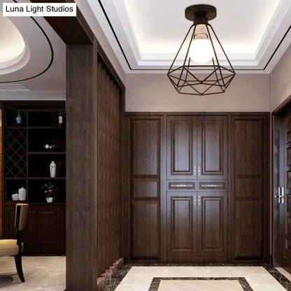 DecorBites™ DecorBites™ Industrial Cage Metal Ceiling Light in Black - Single-Bulb Semi Flush Fixture, Ideal for Corridor