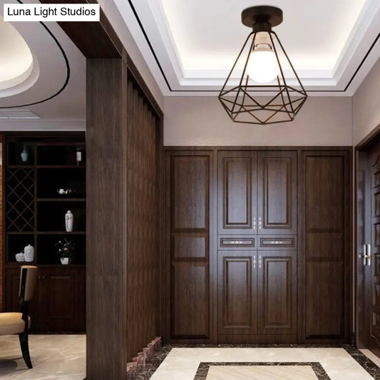 DecorBites™ DecorBites™ Industrial Cage Metal Ceiling Light in Black - Single-Bulb Semi Flush Fixture, Ideal for Corridor