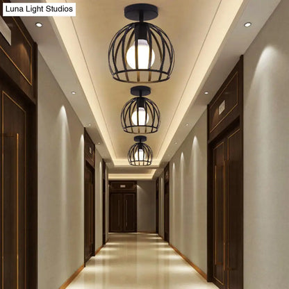 DecorBites™ DecorBites™ Industrial Cage Metal Ceiling Light in Black - Single-Bulb Semi Flush Fixture, Ideal for Corridor