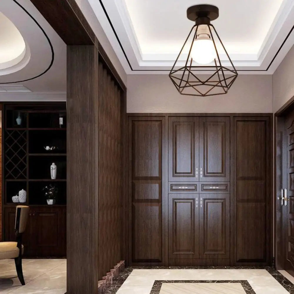 DecorBites™ DecorBites™ Industrial Cage Metal Ceiling Light in Black - Single-Bulb Semi Flush Fixture, Ideal for Corridor