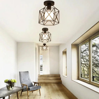 DecorBites™ DecorBites™ Industrial Cage Metal Ceiling Light in Black - Single-Bulb Semi Flush Fixture, Ideal for Corridor
