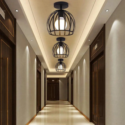 DecorBites™ DecorBites™ Industrial Cage Metal Ceiling Light in Black - Single-Bulb Semi Flush Fixture, Ideal for Corridor