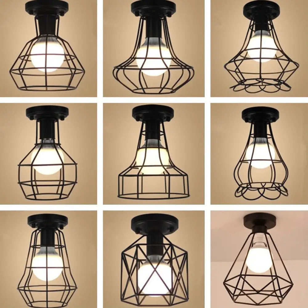 DecorBites™ DecorBites™ Industrial Cage Metal Ceiling Light in Black - Single-Bulb Semi Flush Fixture, Ideal for Corridor