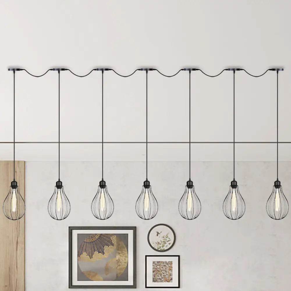 Industrial Cage Pendant Chandelier with Multi-Bulb Kit in Black