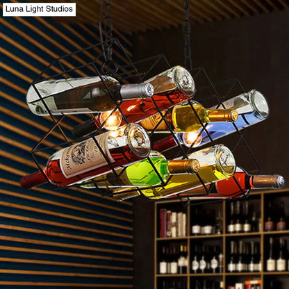 Industrial Cage Pendant Lamp with Exposed Bulb - Metal Black Chandelier Fixture (3 Light) incl. Wine Bottle Design