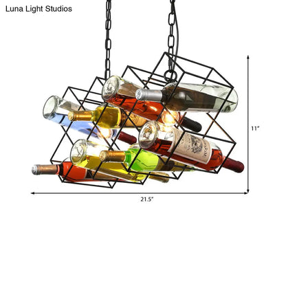 Industrial Cage Pendant Lamp with Exposed Bulb - Metal Black Chandelier Fixture (3 Light) incl. Wine Bottle Design