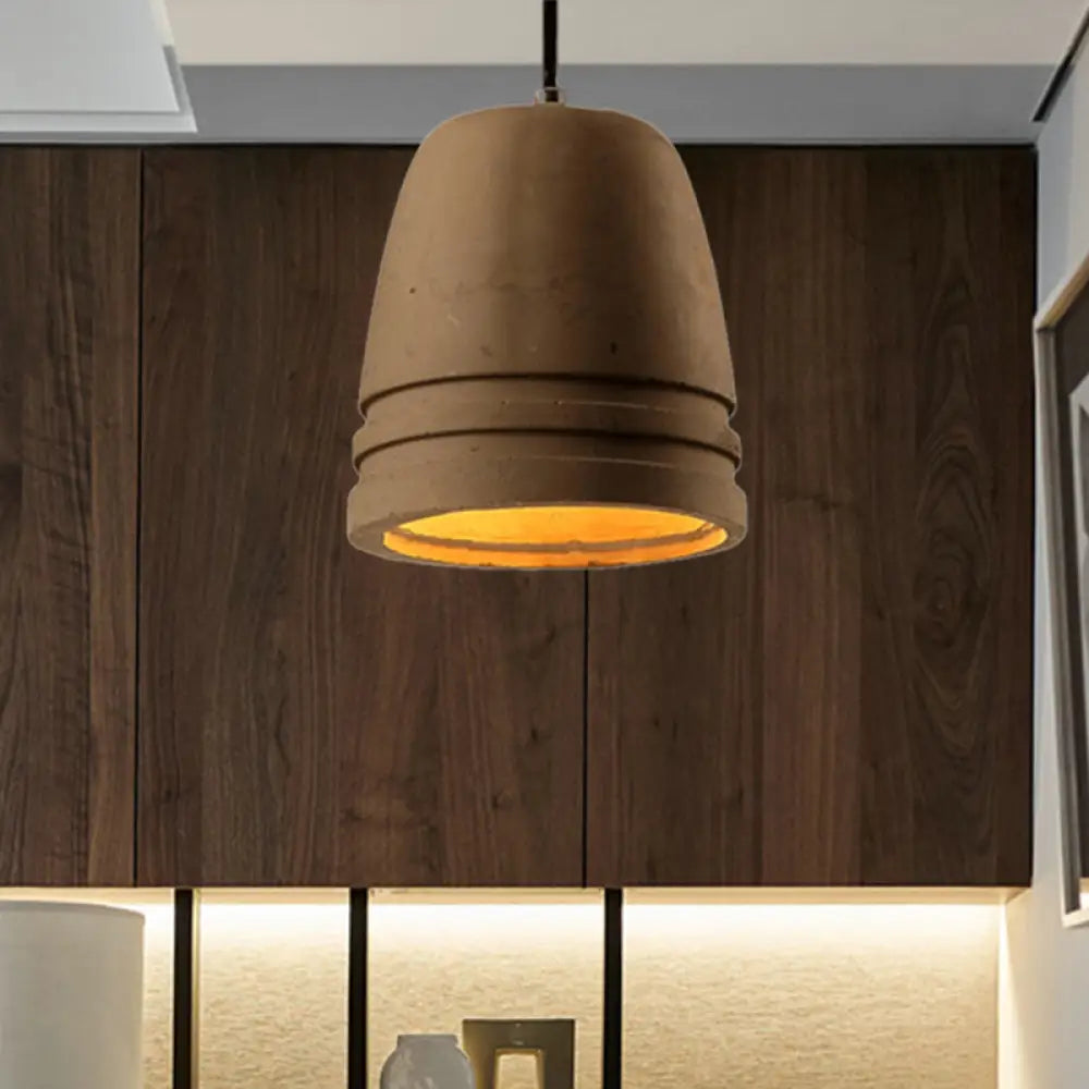 Industrial Cement Bell Shape Hanging Ceiling Light, Brown 1-Light Fixture for Bedroom