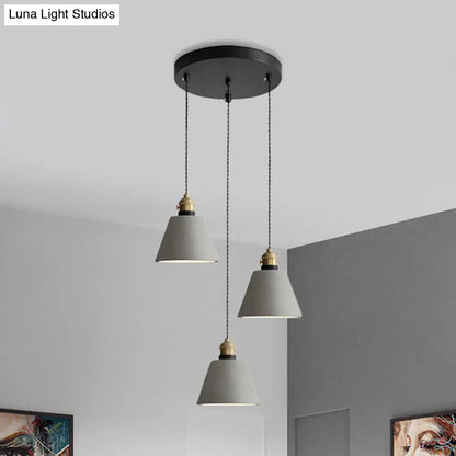 Industrial Cement Cone/Bell/Drum Pendant Lamp - 3 Heads Multi Ceiling Light - Grey - Various Height Options (3"/5"/6")