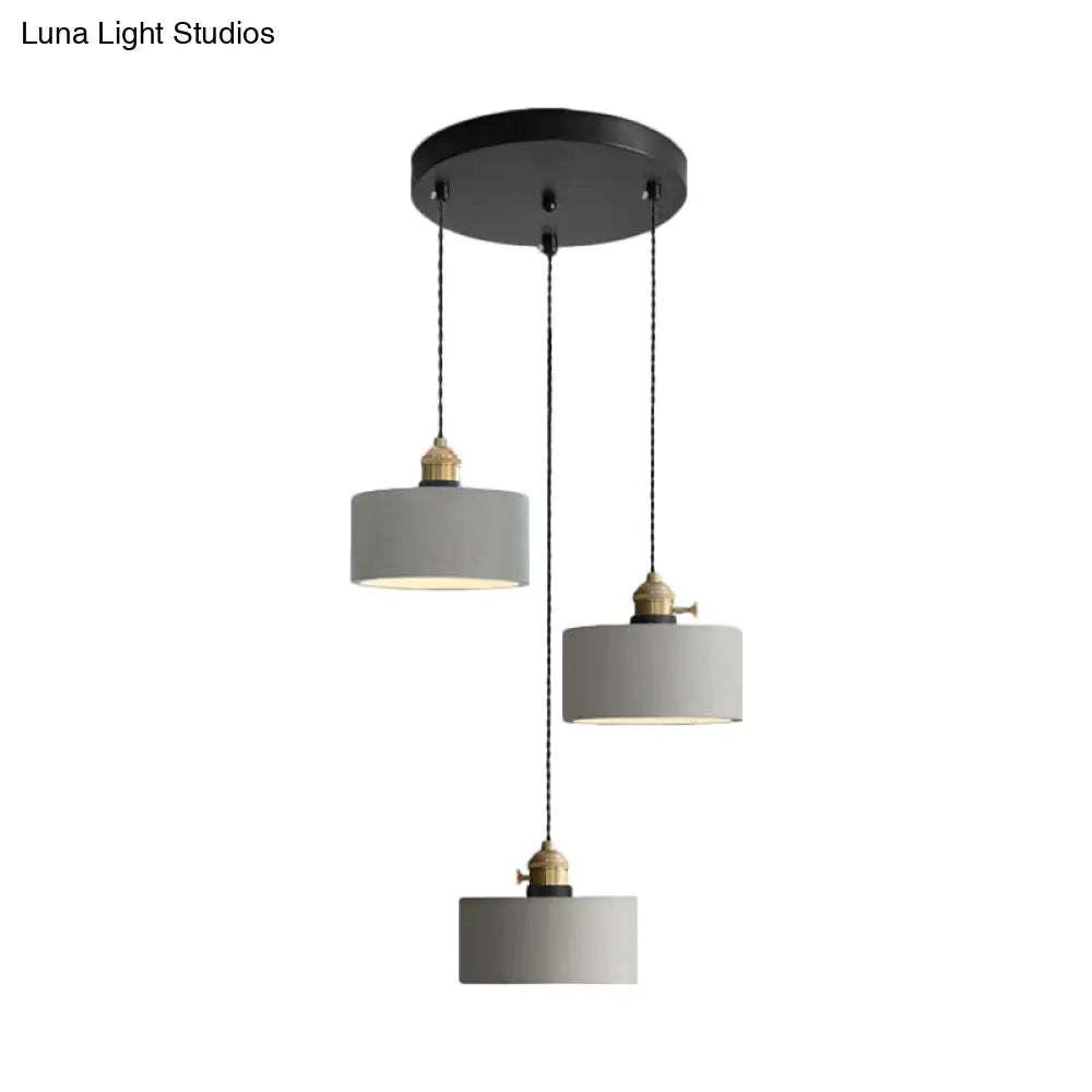 Industrial Cement Cone/Bell/Drum Pendant Lamp - 3 Heads Multi Ceiling Light - Grey - Various Height Options (3"/5"/6")