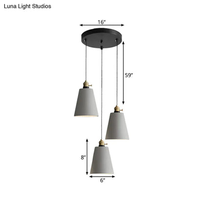 Industrial Cement Cone/Bell/Drum Pendant Lamp - 3 Heads Multi Ceiling Light - Grey - Various Height Options (3"/5"/6")