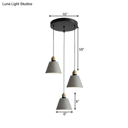 Industrial Cement Cone/Bell/Drum Pendant Lamp - 3 Heads Multi Ceiling Light - Grey - Various Height Options (3"/5"/6")