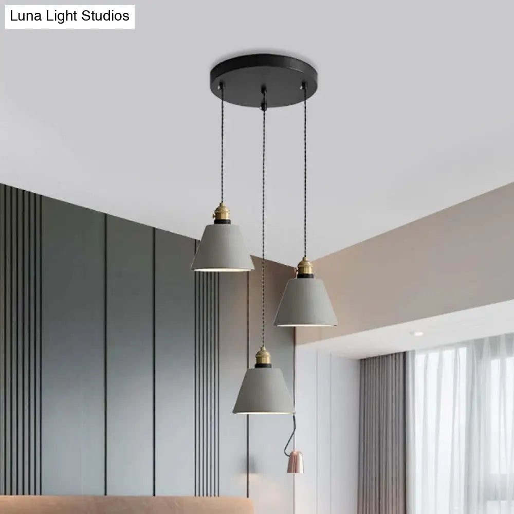 Industrial Cement Cone/Bell/Drum Pendant Lamp - 3 Heads Multi Ceiling Light - Grey - Various Height Options (3"/5"/6")