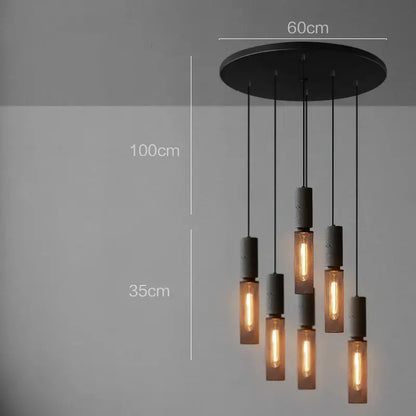 Black circular industrial cement metal pendant light with five warm filament glass lamps for dining room decorbites industrial cement