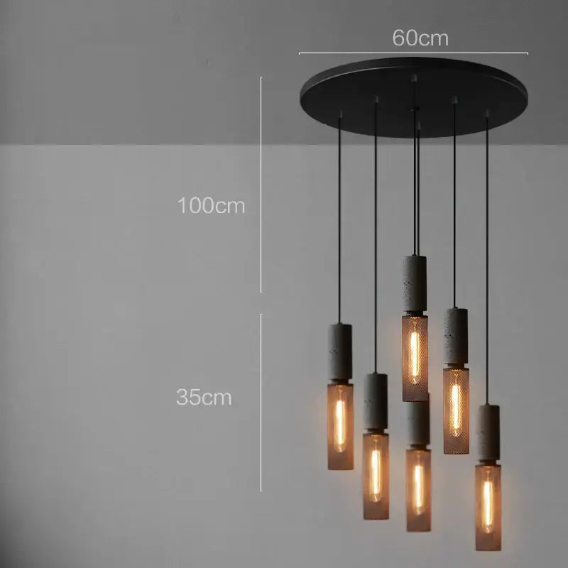 Black circular industrial cement metal pendant light with five warm filament glass lamps for dining room decorbites industrial cement