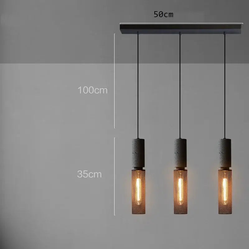 Industrial cement metal pendant light with matte black concrete bar and mesh shades for dining room decorbites industrial cement