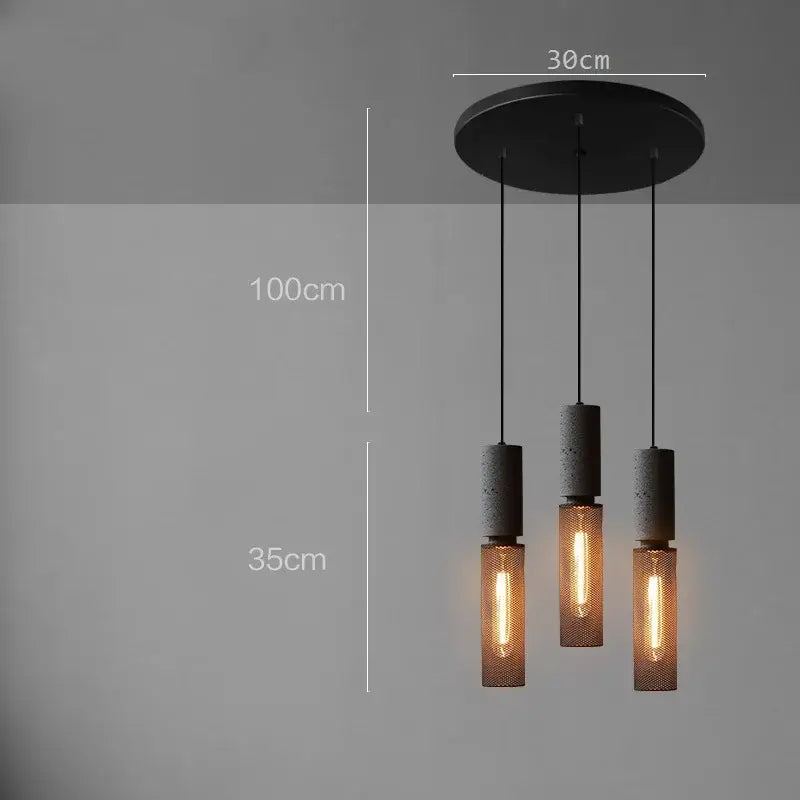 Industrial cement metal pendant light with matte black mount and three textured concrete mesh shades for dining room decorbites industrial cement